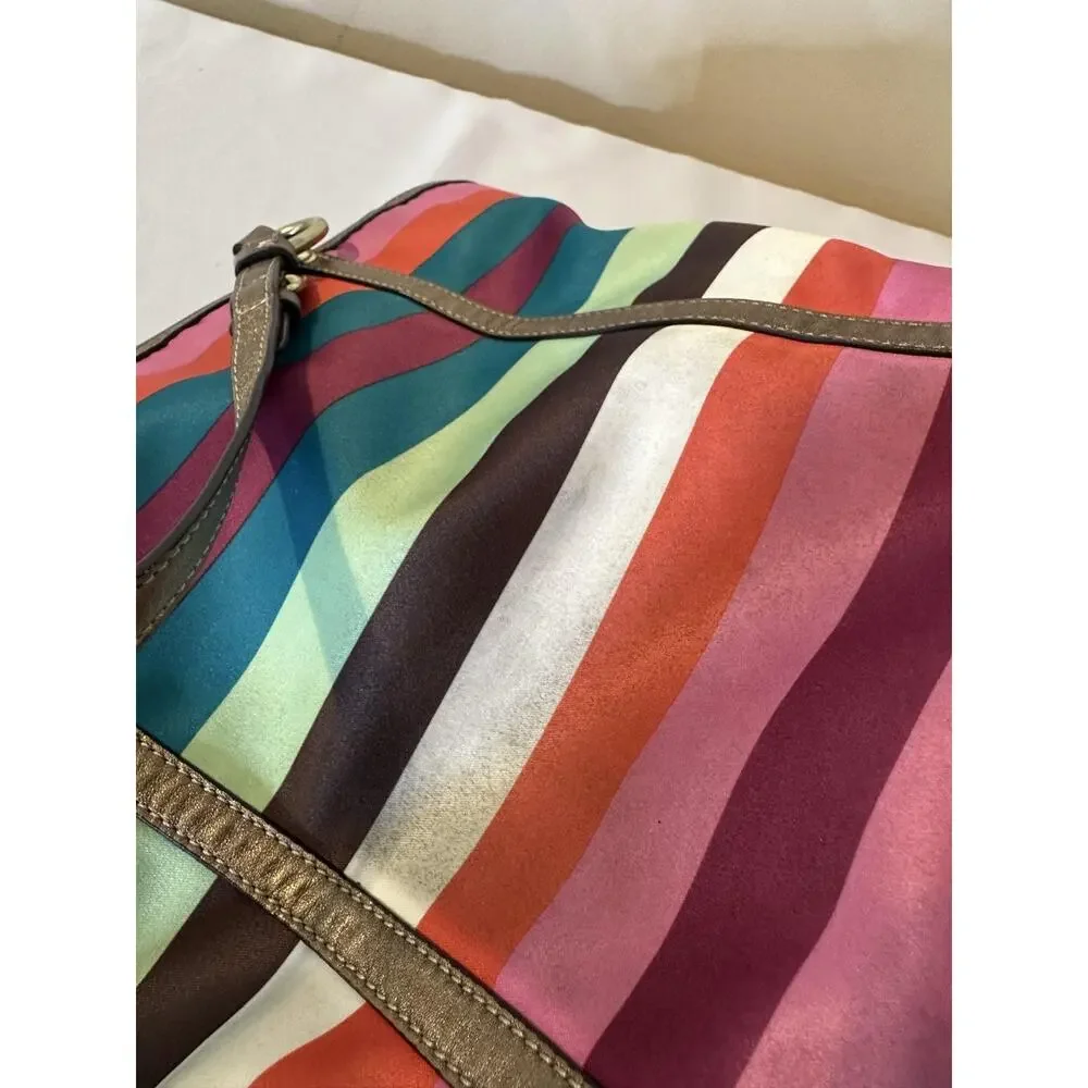VTG Coach Tote Bag Medium Multicolor Satin Stripe Shoulder Zip Leather Trim Y2K